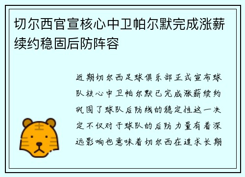 切尔西官宣核心中卫帕尔默完成涨薪续约稳固后防阵容 切尔西官宣核心中卫帕尔默完成涨薪续约稳固后防阵容