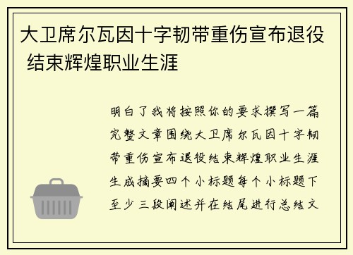 大卫席尔瓦因十字韧带重伤宣布退役 结束辉煌职业生涯 大卫席尔瓦因十字韧带重伤宣布退役 结束辉煌职业生涯