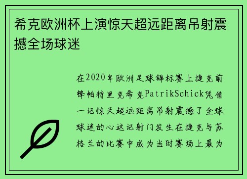 希克欧洲杯上演惊天超远距离吊射震撼全场球迷