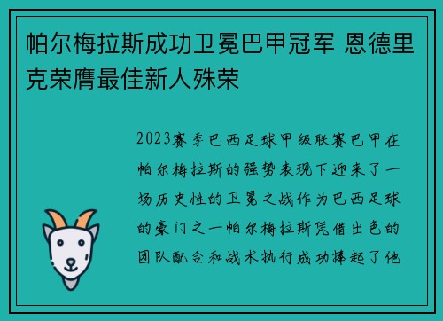 帕尔梅拉斯成功卫冕巴甲冠军 恩德里克荣膺最佳新人殊荣 帕尔梅拉斯成功卫冕巴甲冠军 恩德里克荣膺最佳新人殊荣